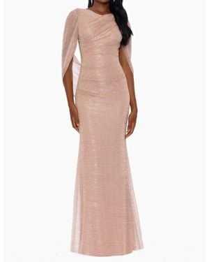 Betsy & Adam Crinkle Cowl Metallic Knit Long Drape Gown - White