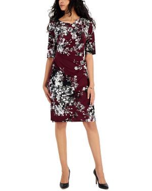 Connected Apparel Floral Pleat Front Sheath Dress - Red