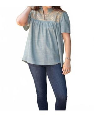 Layerz Clothing Embroidered Ruffle Collar Top - Blue