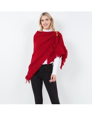 TRUEDAMES Fringe Knit Open Front Shawl Wrap Poncho - Red