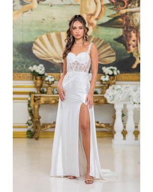DQ Off-Shoulder A-Line Wedding Dress With Sheer Lace Bodice, Floral Appliques, And Tulle Skirt - White