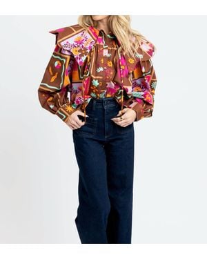 Karlie Abstract Peter Pan Collar Top - Blue