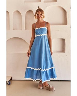 TRUEDAMES Summer Solid Color Lace Stitching Elegant Suspender Tube Top Super Pendulum Dress - Blue