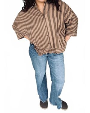 Umgee Vertical Mix Stripe Button Down Shacket Top - Blue