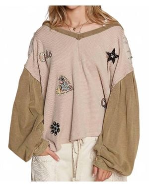 Pol Glam Patches Contrast Long Sleeves Knit Top - Brown