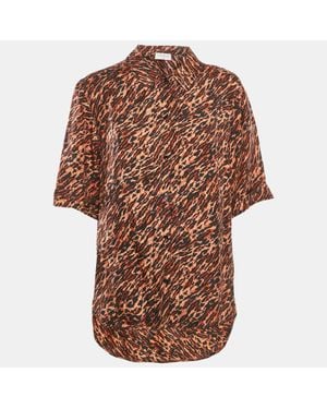 Sandro Leopard Print Silk Short Sleeve Shirt - Brown