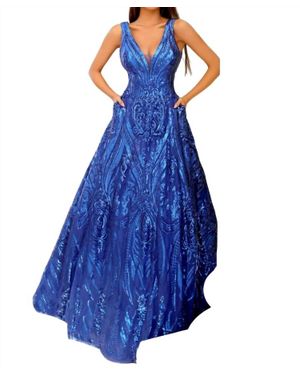Clarisse Plunging V-Neck Pattern-Sequined A-Line Gown - Blue