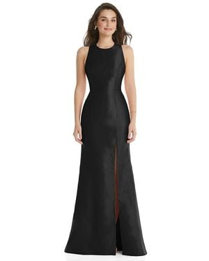 Alfred Sung Jewel Neck Bowed Open-Back Trumpet Dress With Front Slit - Black