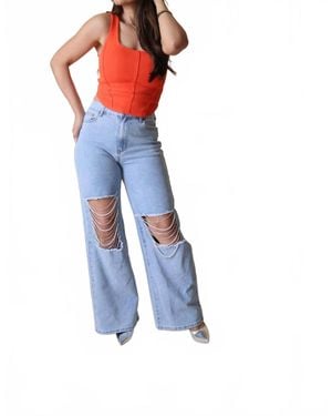 Blue B Miss Love Pearl & Rhinestone Wide Leg Jeans - Blue