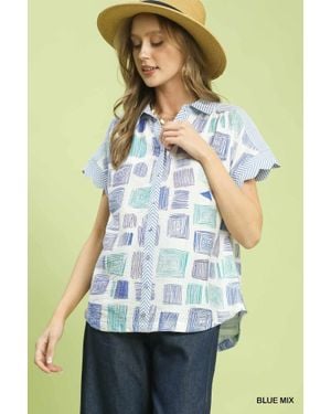 TRUEDAMES Mixed Media Print Button Front Collared Top - Multicolor