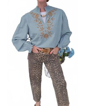 ..,merci Embroidered Smocked Mock Neck Top - Blue