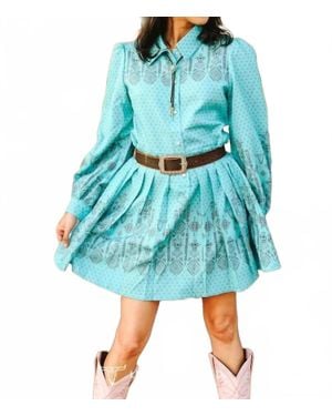 Lucky & Blessed Jade Aztec Pearl Snap Long-Sleeve Pleated Western Mini Dress - Blue