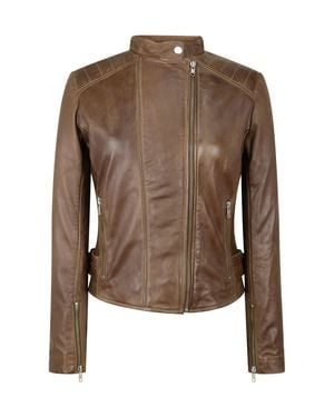TruClothing Leather Jacket Cross Zip Nehru Collarless - Brown