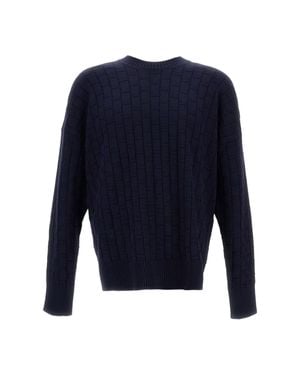Plan C Checked Pattern Wool Sweater With Ribbed Crew Neck - Blue
