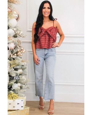 Day + Moon Tweed Sequin Bow Strap Top - Red