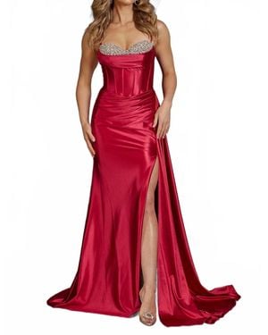 Nox Anabel Fitted Satin Beaded Sleeveless Gown - Red