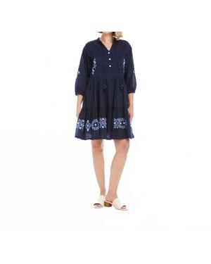 Karen Kane Blouson Sleeve Embroidered Lace Trim Tiered Dress - Blue