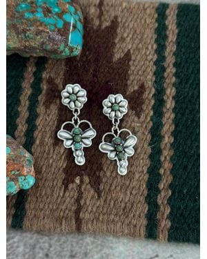 Nizhoni Traders Handmade Sterling Kingman Butterfly Post Dangle Earrings "Signed Nizhoni" - Green