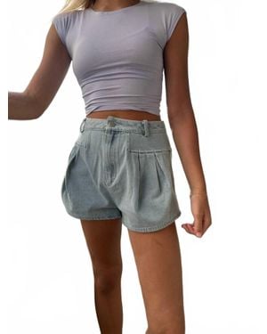 Day + Moon Pleated Flare Denim Shorts - Blue