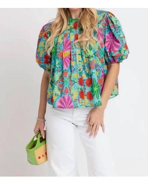 Karlie Tropical Pleated Sleeve Top - Blue