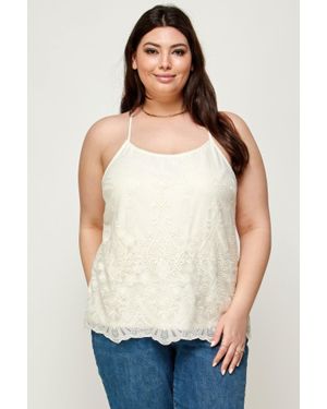 TRUEDAMES Plus Size Embroidered Mesh T-Back Cami - White