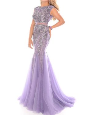 Precious Formals Two Piece Illusion Beading Mermaid Gown - Purple