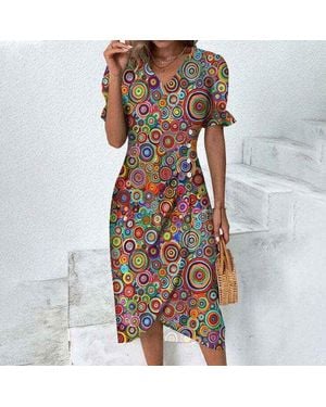 TRUEDAMES Slim-Fit Geometric Collage Bubble Sleeves Irregular Hem Dress Sub Split Dress Summer Floral Dress - Multicolor