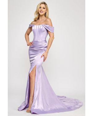 TRUEDAMES Off-Shoulder Satin Corset Gown With Thigh-High Slit, & Dramatic Train - Purple