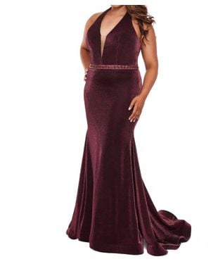 Rachel Allan Metallic Jersey Halter Neck Prom Gown - Red