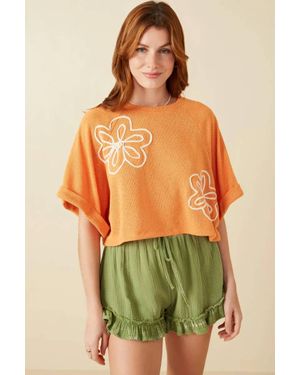 Hayden LA Floral Embroidered Dolman Sleeve Knit Tee - Green