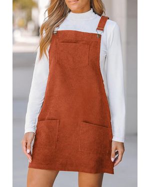 TRUEDAMES Solid Front Pockets Sleeveless Corduroy Overall Dress - Brown