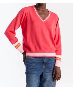 Brodie Cashmere Contrast Stripe Varsity V Neck Pullover - Red