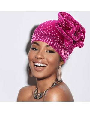 Fashnzfab Bling Studded Flower Pointed Turban Hat - Pink