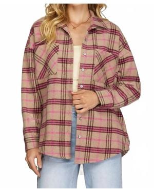 She + Sky Plaid Print Oversized Shacket - Red