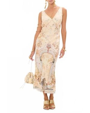CAMILLA V-Neck Jacquard Slip Midi Dress - Natural