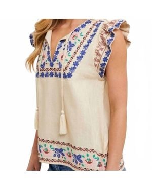 Bluivy Boho Embroidered Ruffled Sleeve Tasseled Drawstring Top Linen Blend - White