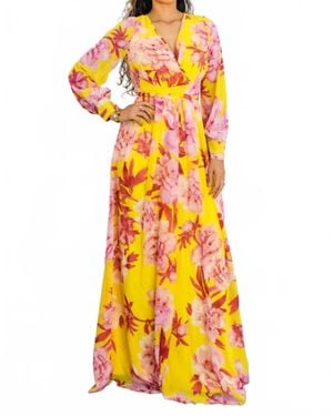 SurelyMine Sunset Bloom Maxi Dres Floral Wrap Dress - Yellow
