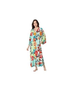Natori Marbella Dress Xs Floral V-Neck Kimono Sleeve Kaftan Jdm422 - Black