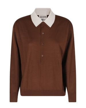 Semicouture Cassie Ribbed Edge Button Knit Polo Shirt - Brown
