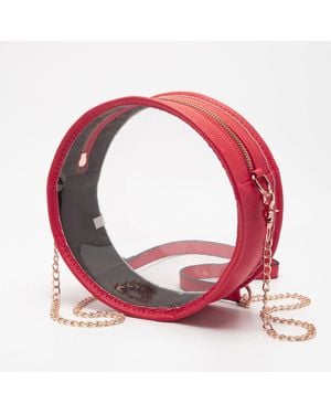 Fashnzfab Faux Leather Transparent Round Crossbody Bag - Red