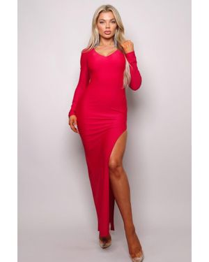 TRUEDAMES Long Sleeve V Neck Open Back Maxi Dress - Red