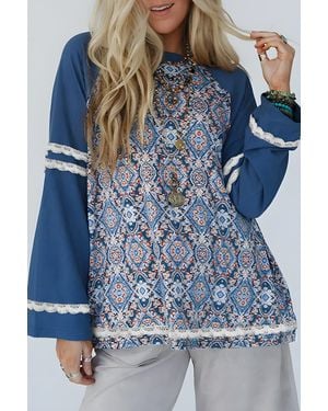 TRUEDAMES Geometric Printed Lace Patchwork Ric Rac Raglan Long Sleeve Top - Blue