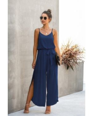 TRUEDAMES V Neck Suspenders Wide Leg Side Slit Jumpsuit - Blue