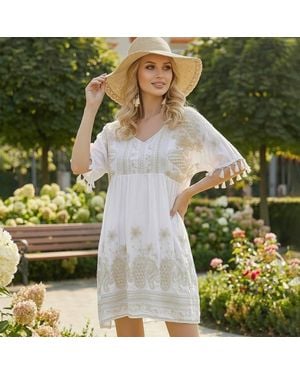 TRUEDAMES Vintage Floral Embroidered Boho Dress - Green