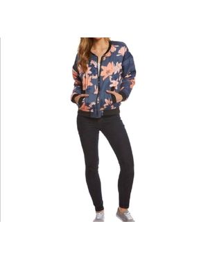 MINKPINK Floral Print Bomber Zip Up Puff Jacket - Blue