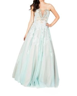 Terani Plunging Illusion Neckline Prom Dress - Blue