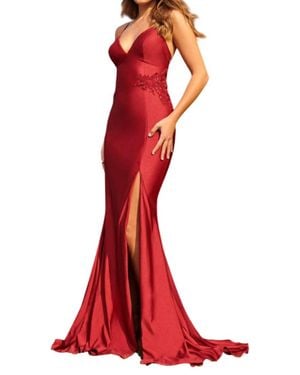 Faviana V-Neck Lace Up Back Long Dress - Red