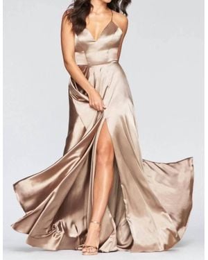 Faviana Charmeuse V-Neck Dress With Lace Up Back - Natural