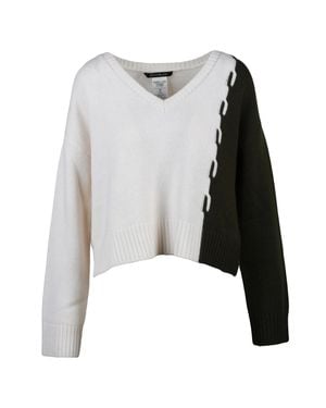 Pennyblack Cropped V-Neck Wool Sweater With Color-Block Design - White