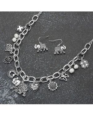 Fashnzfab Antique Metal Elephant Hamsa Hand Clover Quatrefoil Butterfly Good Luck Heart Pearl Charm Station Necklace - Gray